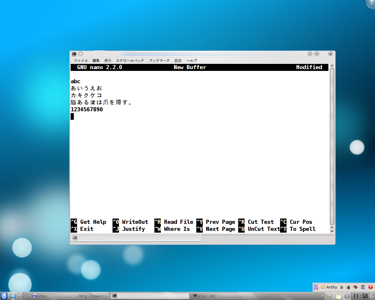 nanoエディタで文字を書いてみる
